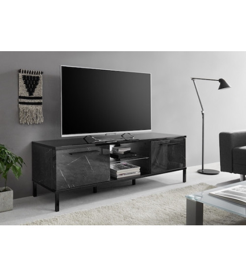 Ensemble meuble TV, vitrine et argentier MANGO marbre noir brillant haute qualité