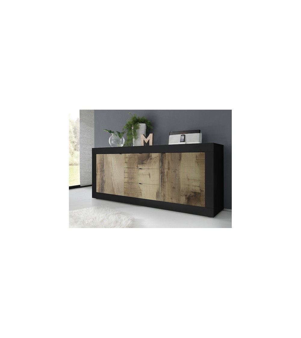 Buffet BASIC 2 portes 3 tiroirs noir mat/pero 210 cm