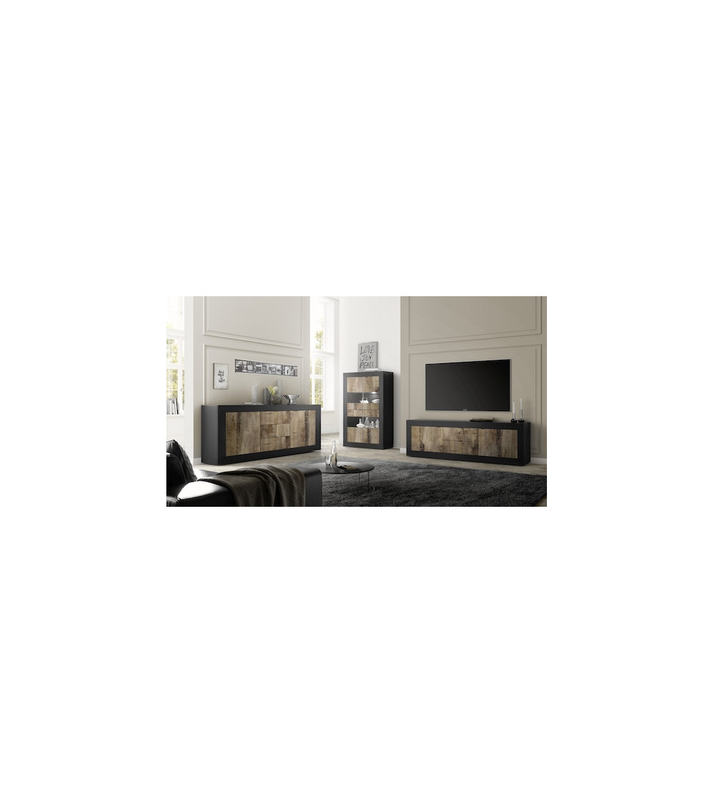 Buffet BASIC 2 portes 3 tiroirs noir mat/pero 210 cm
