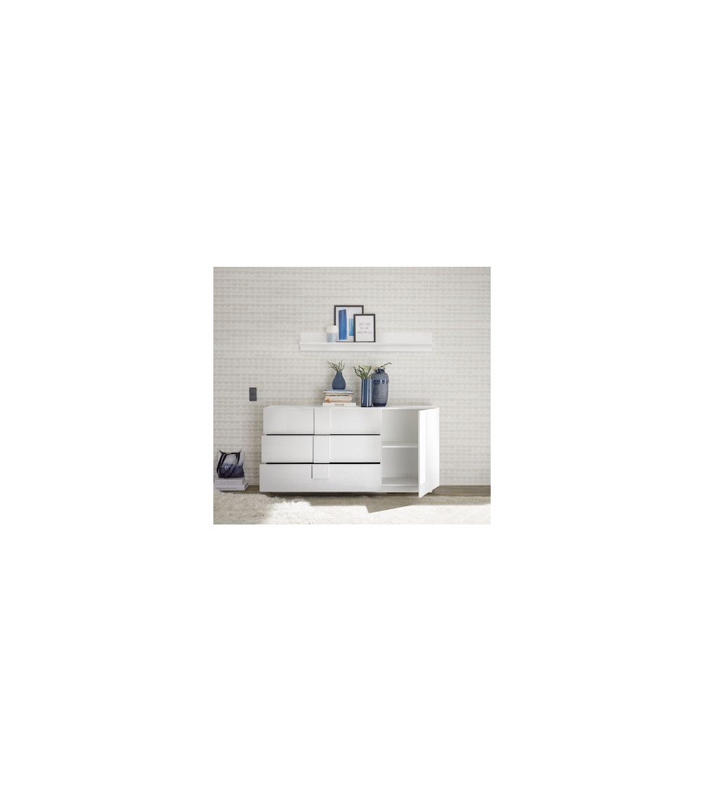 Buffet 1 porte et 3 tiroirs JUPITER blanc laqué brillant 182 cm
