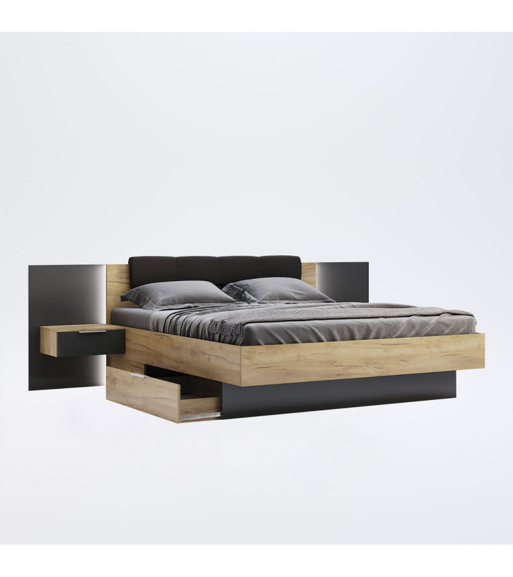 LIT ASTO avec chevets suspendus, blanc laqué et chêne clair 160x200 cm LIT ASTO avec chevets suspendus, blanc laqué et chêne clair 160x200 cm