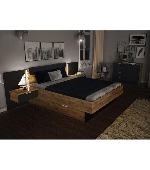 LIT LUNA avec chevets suspendu 160x200 cm Lave mat et chêne clair