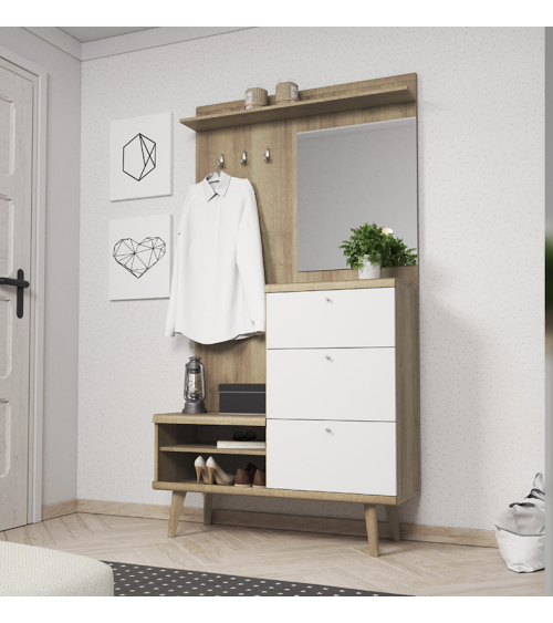 Muebles de entrada Williamsport, Recibidor con 2 puertas, Armario con  espejo, Almacenamiento multifunción, 77x24h91 cm, Blanco y Roble