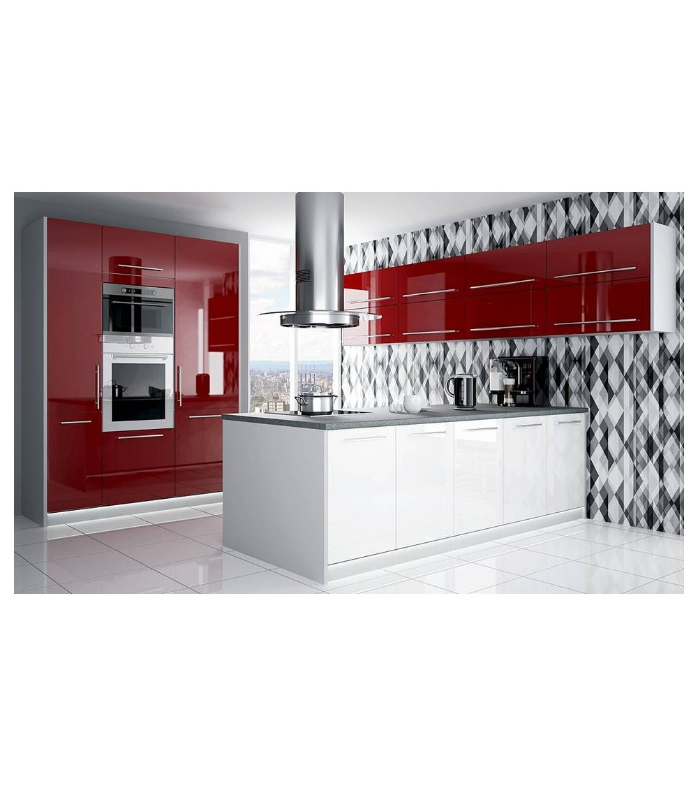 Design della cucina grigio e rosso con armadi divisori