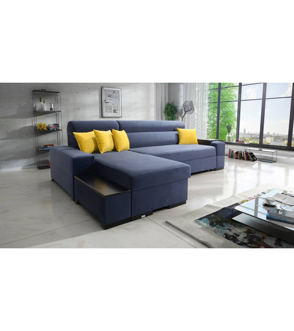 Sofá rinconera convertible AURORE 260 x 170 cm azul oscuro