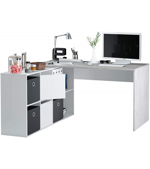 Bureau modulable avec rangement - 4 positions de montage possibles, blanc artik-béton