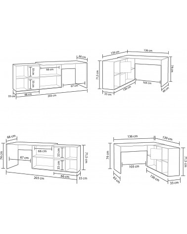 Bureau modulable avec rangement - 4 positions de montage possibles, blanc artik-béton