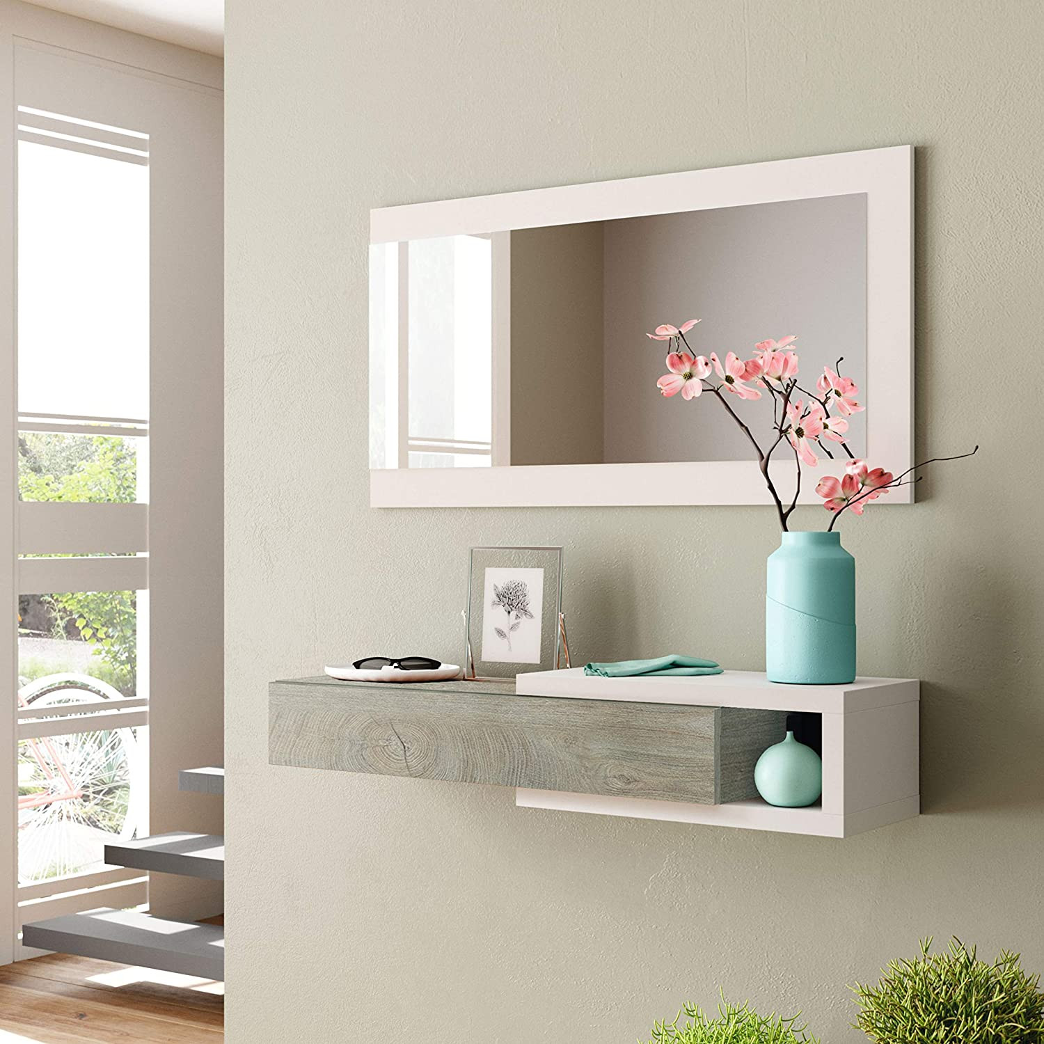 Mueble de entrada reversible 1 cajón + espejo 95 x 26 x 19 cm blanco artik