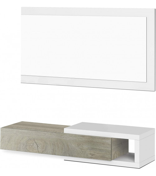 Meuble d'Entrée reversible 1 Tiroir + Miroir 95 x 26 x 19 cm blanc artik-chêne Alaska
