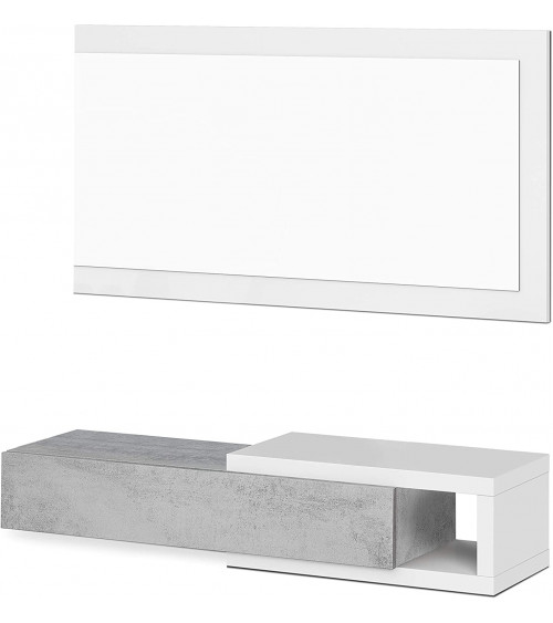 Meuble d'Entrée reversible 1 Tiroir + Miroir 95 x 26 x 19 cm béton-blanc artik