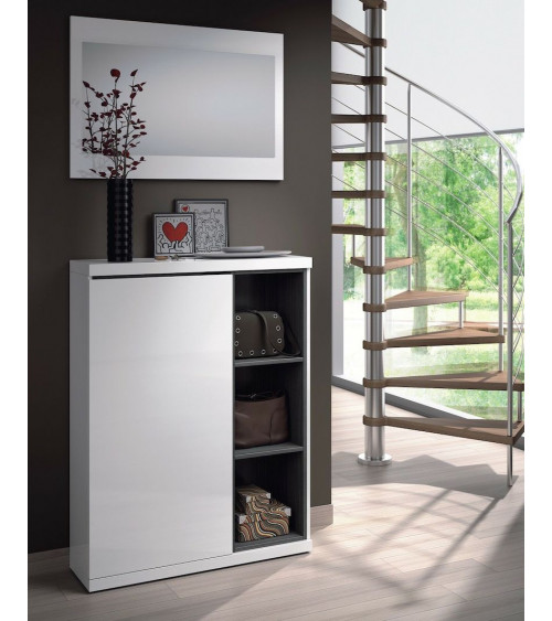 Meuble d'Entrée 1 Porte ( avec rangement chaussures) + Miroir blanc brillant-gris cendre