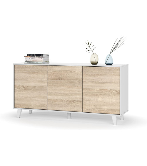 Buffet 3 portes 154 x 41 x 75 cm chêne canadian-blanc brillant