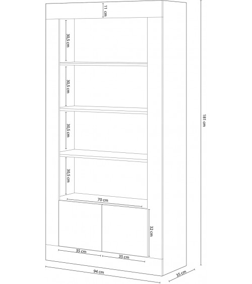 Bibliothèque 4 étagères + 2 portes 94 x 35 x 181 cm blanc artik-blanc poli