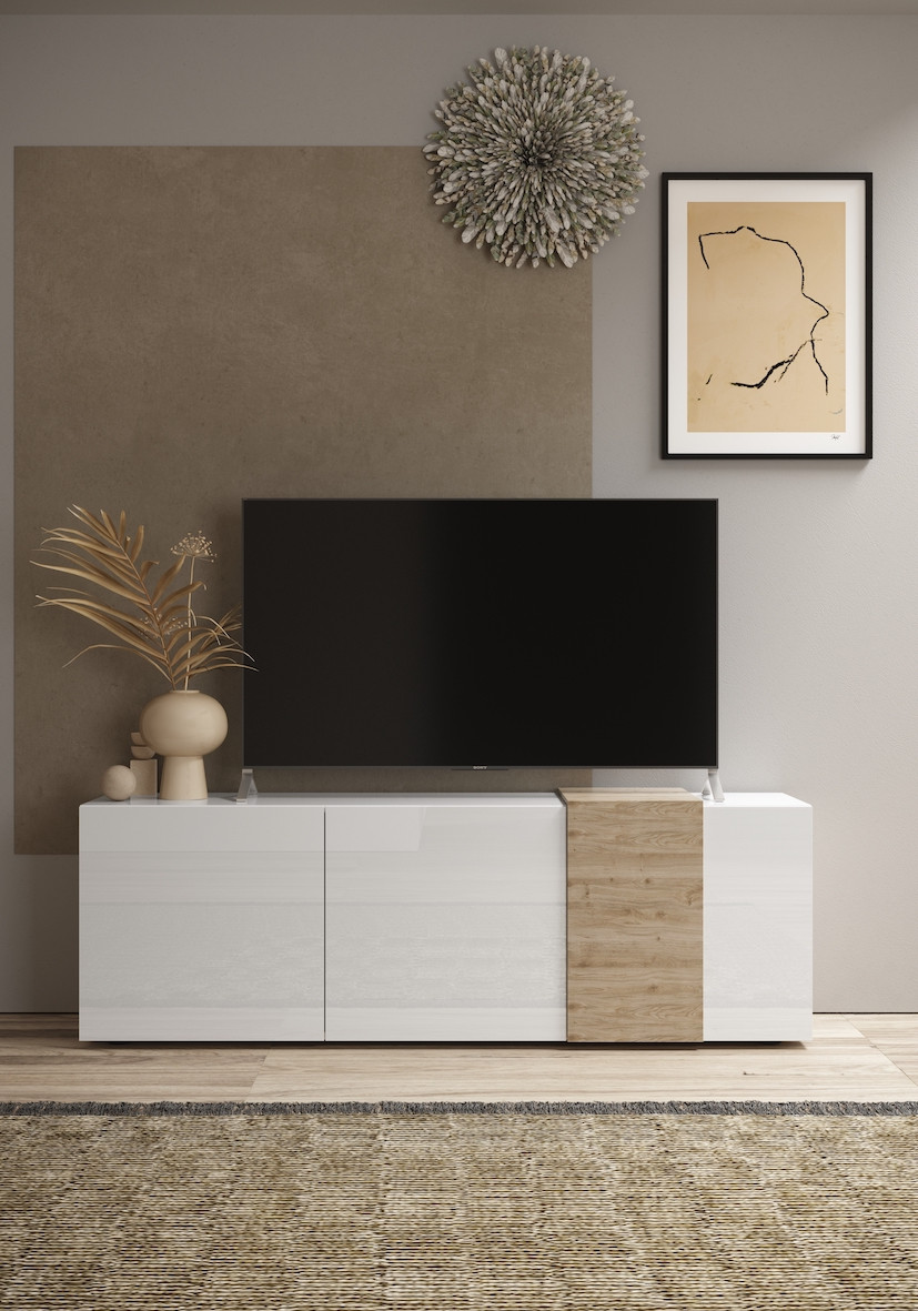 Meuble TV 3 portes VENUS blanc laqué brillant/Kadiz 181 cm