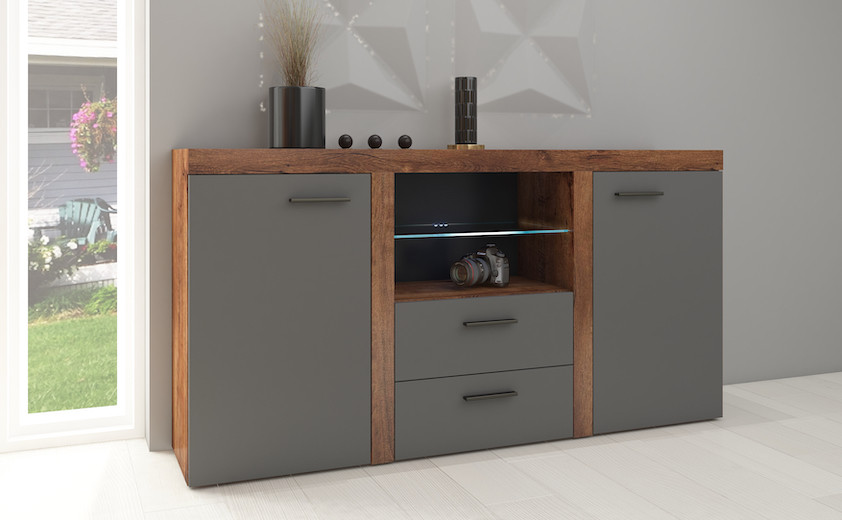 Mueble de salón compacto estilo nórdico urbano grafito y roble barato.