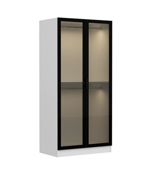 Armoire 2 Portes Vitrées avec leds - Blanc/Noir