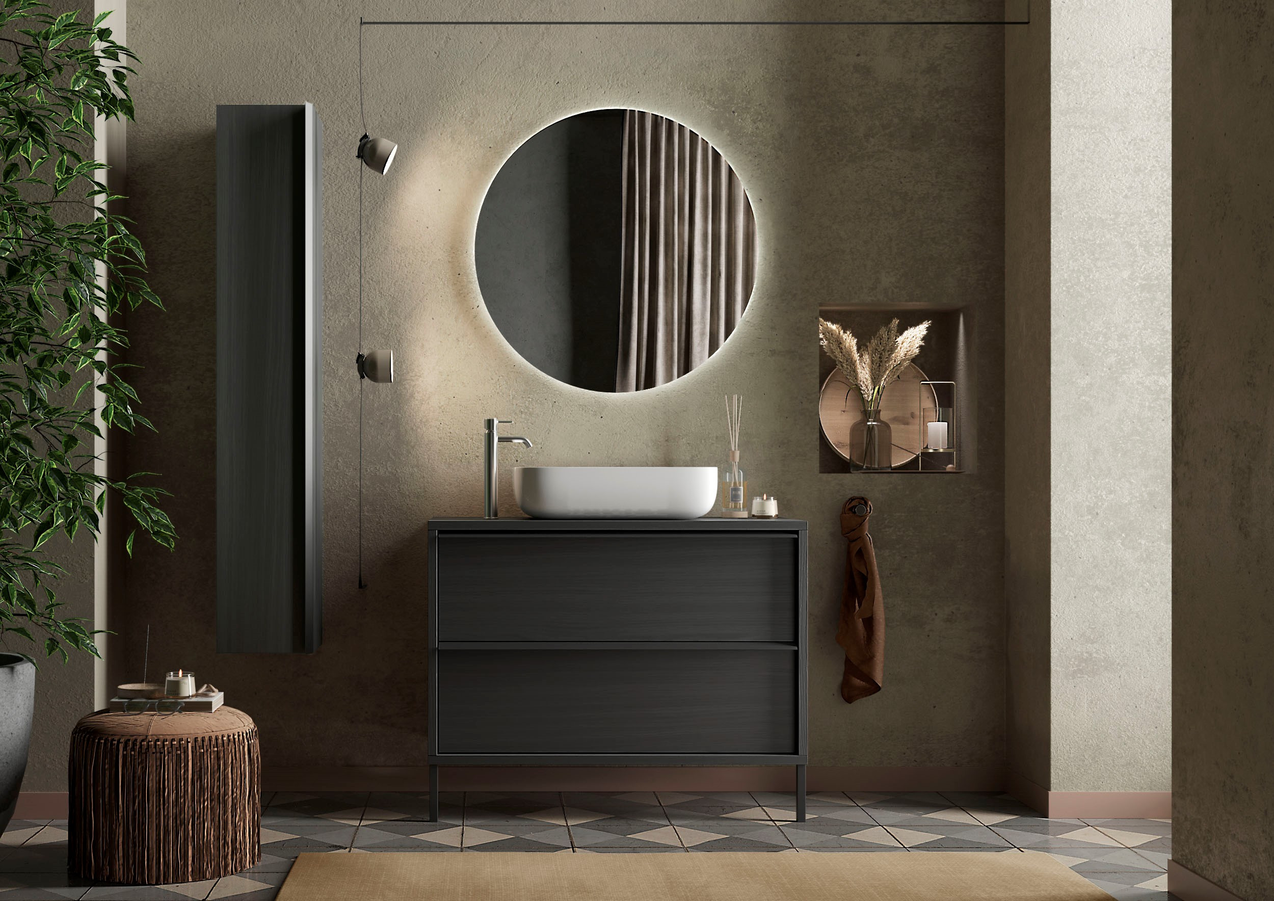 Conjunto de baño, mueble+espejo+lavabo HAMBURG blanco brillante, Kadiz 92 x  79 x 49 cm