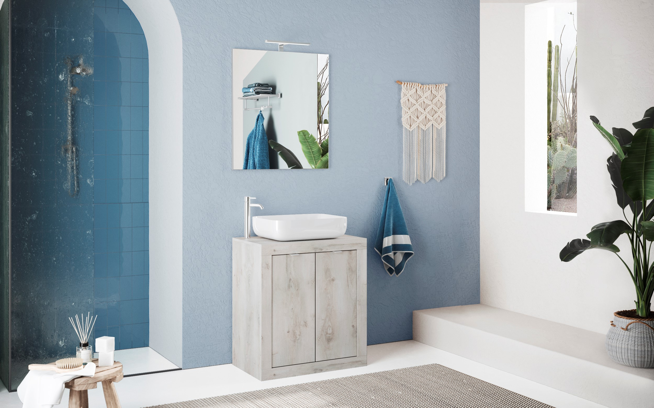 Ensemble salle de bain meuble+miroir+vasque HAMBURG blanc brillant, béton  79 x 79