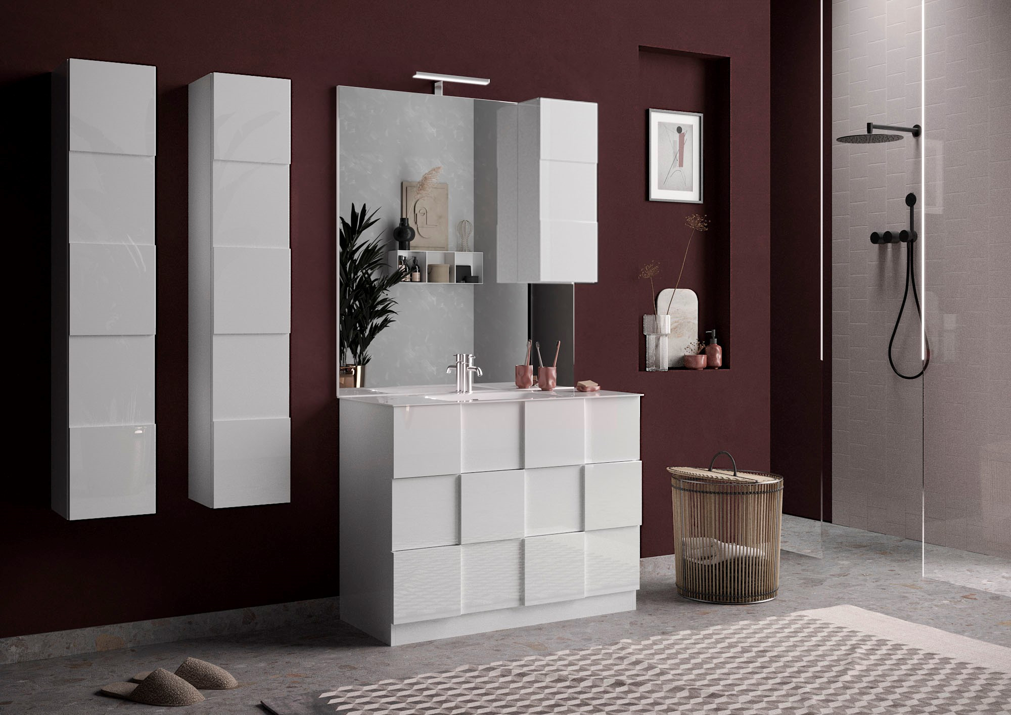 Ensemble salle de bain DAMA, meuble+2 colonnes+miroir+vasque BASIC