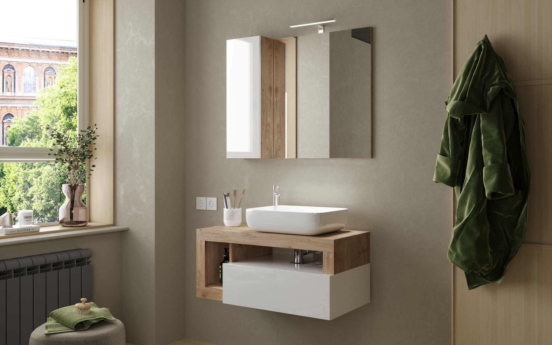 Ensemble salle de bain meuble+miroir+vasque HAMBURG blanc brillant