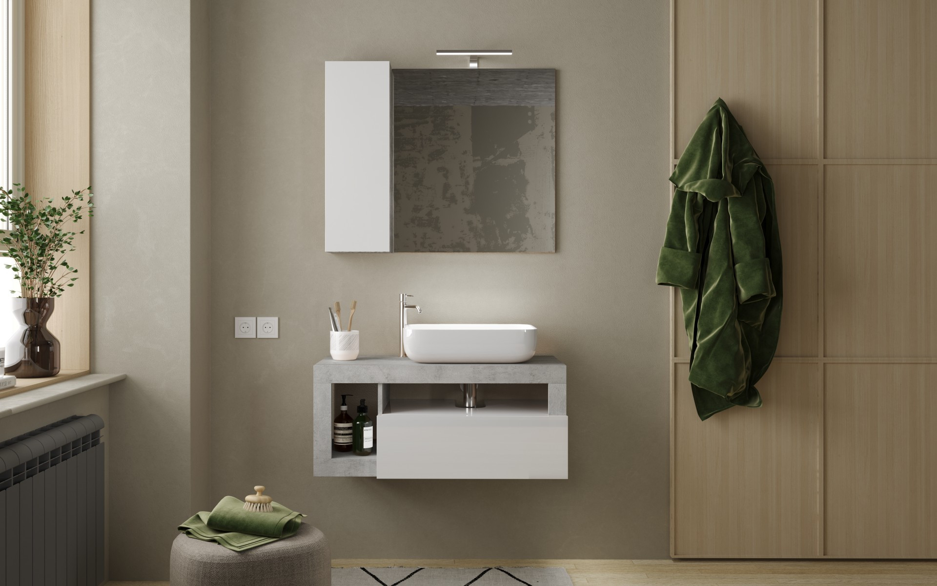 Mobile bagno monoblocco bianco lucido con specchio e colonna