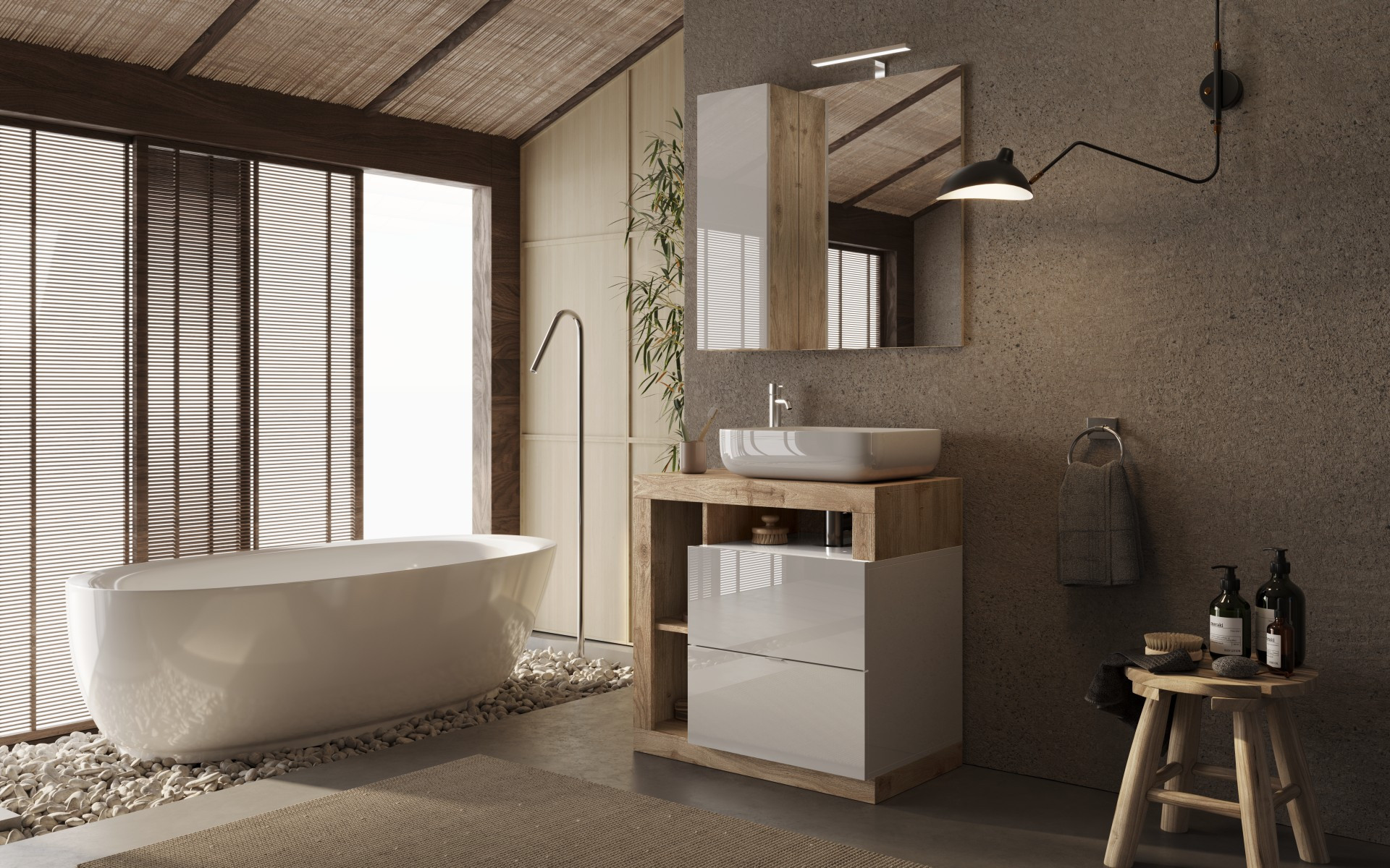 Ensemble salle de bain meuble+miroir+vasque HAMBURG blanc brillant