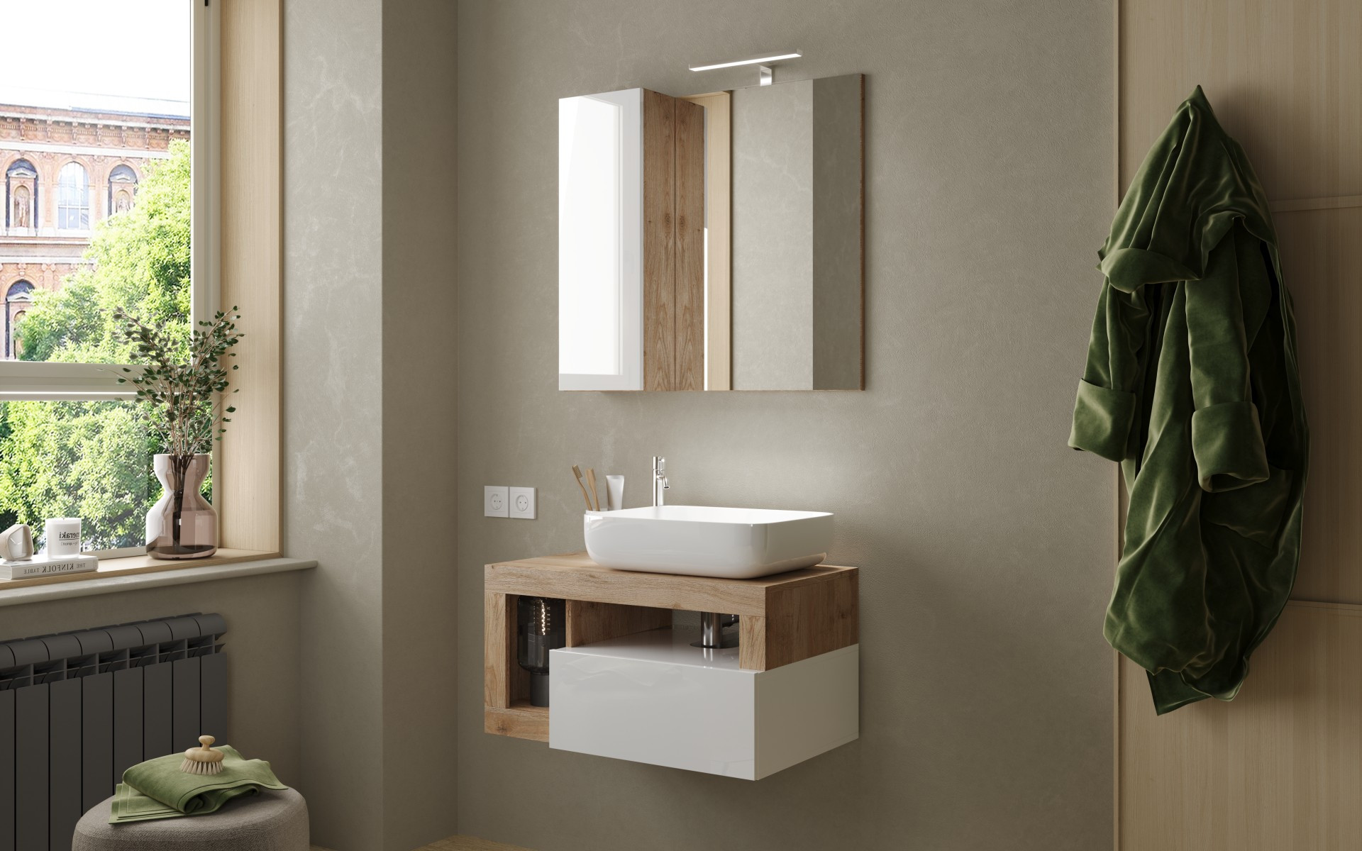 Conjunto de baño, mueble suspendido+espejo+lavabo HAMBURG blanco brillante,  Kadiz 79 x 47