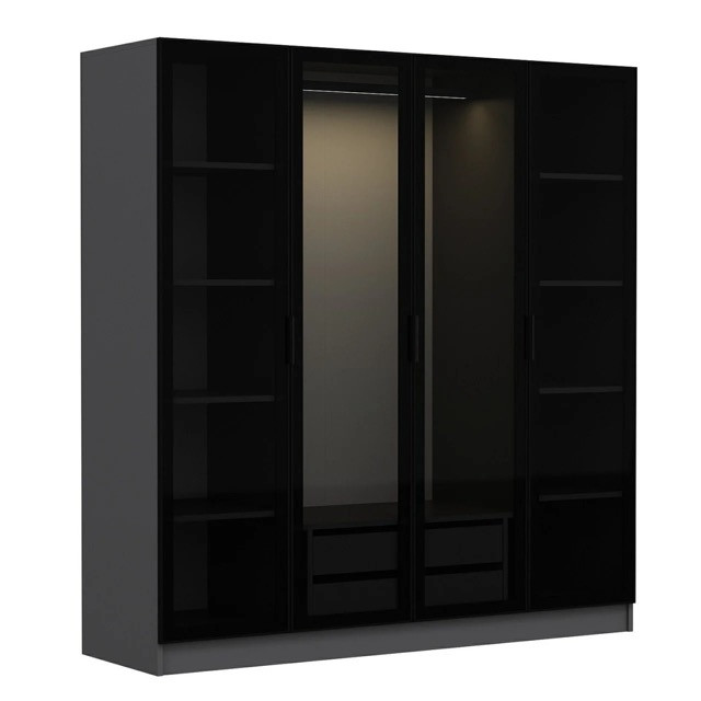 Armario esquinero con 7 puertas de cristal ahumado, blanco/negro 440 x 210  cm