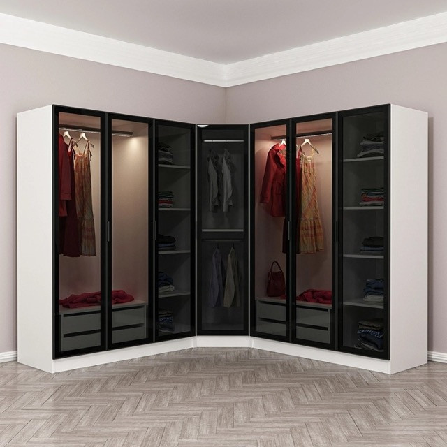 Armoire d'angle avec 7 portes en verre fumé, blanc/noir 440 x 210 cm