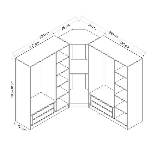 Armario esquinero con 7 puertas de cristal ahumado, blanco/negro 440 x 210  cm