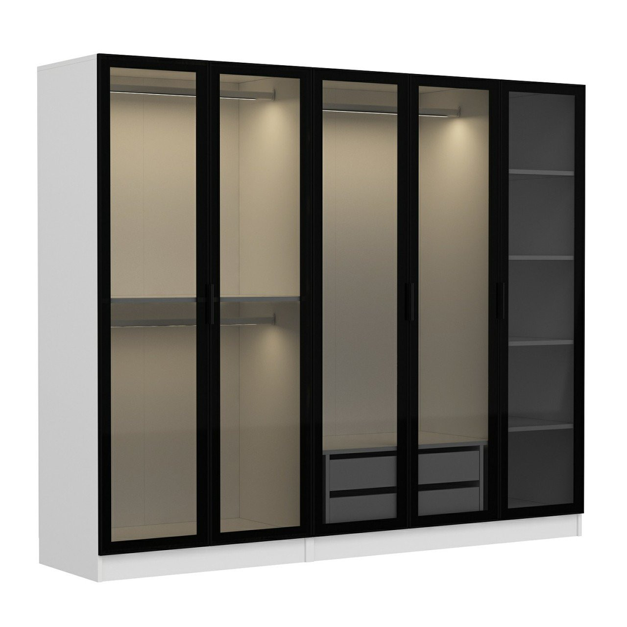 Armario esquinero con 7 puertas de cristal ahumado, blanco/negro 440 x 210  cm