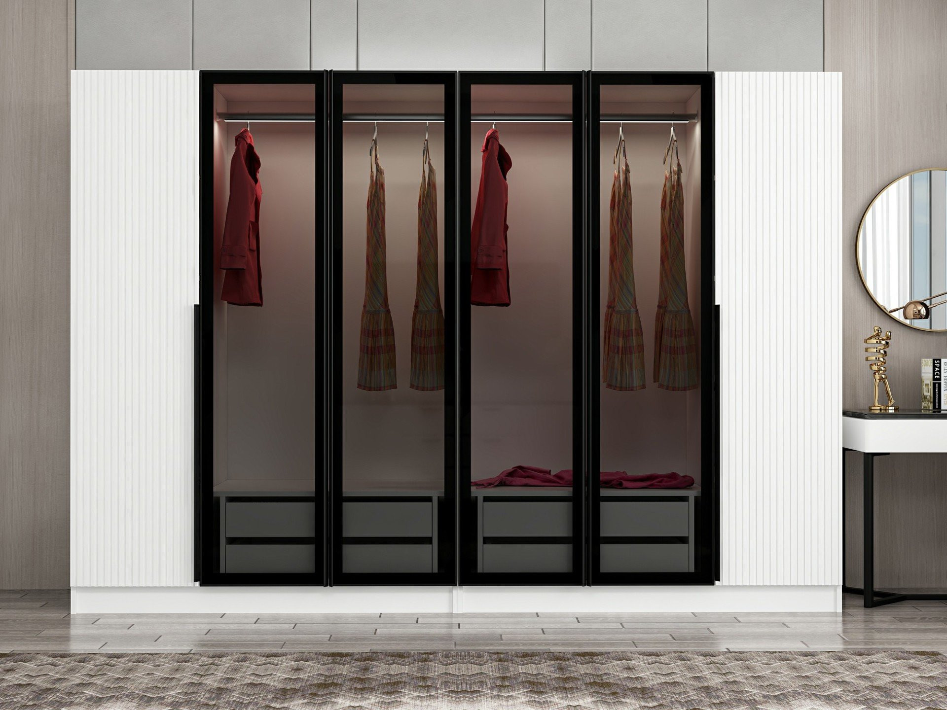 Armoire avec 5 portes en verre fumé, blanc/noir 225 x 190/210 cm